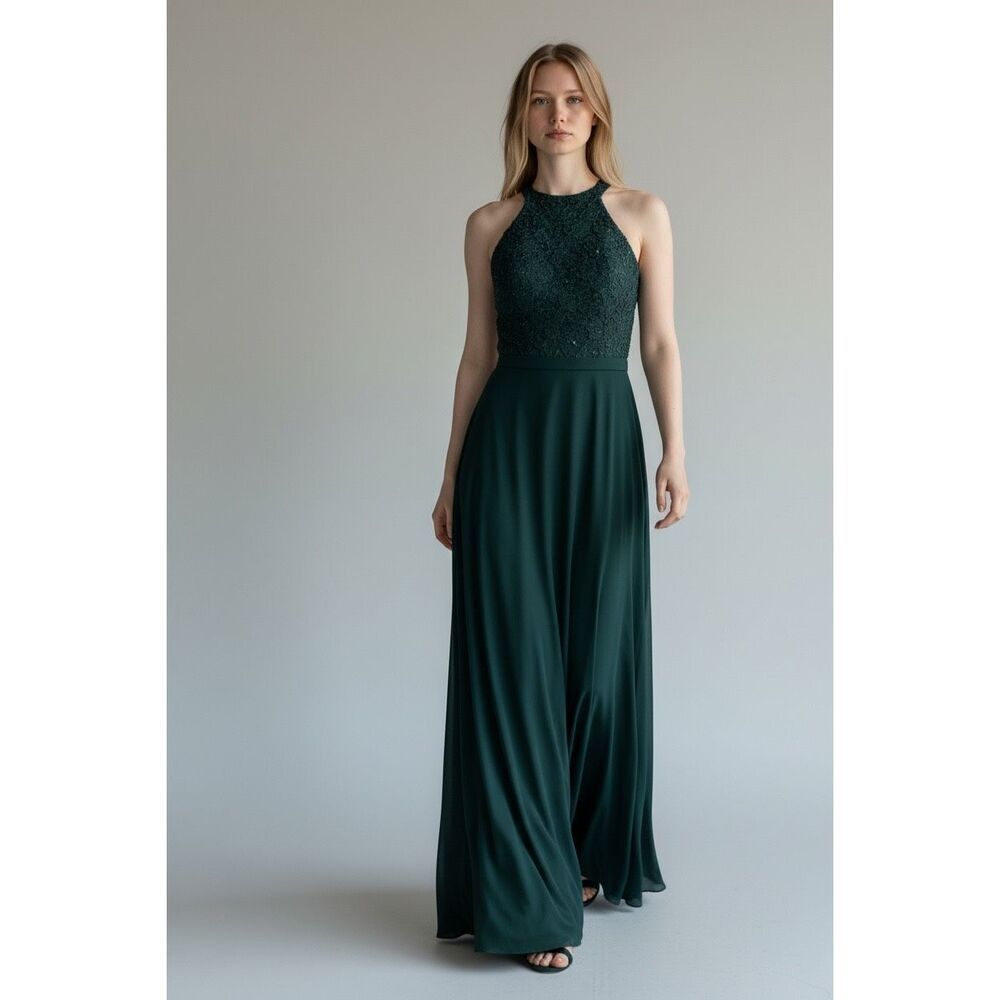 Morgan & Co 9 Forest Green Flowy Formal Gown Long Dress Lace Up Back Lace Sequin